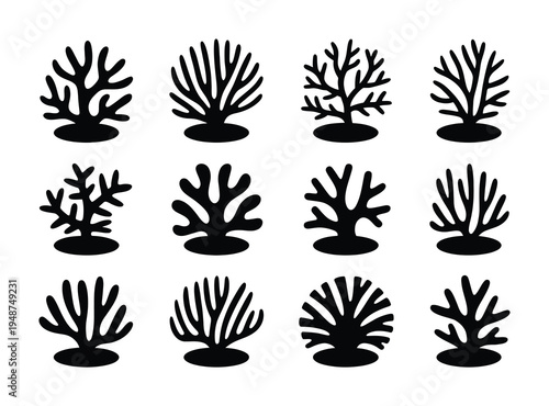 Collection of twelve black coral silhouettes on a white background
