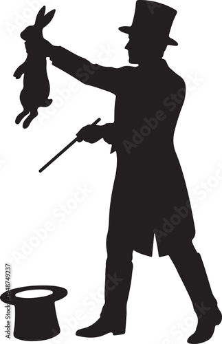 Silhouette of a magician pulling a rabbit from a hat with a magic wand
