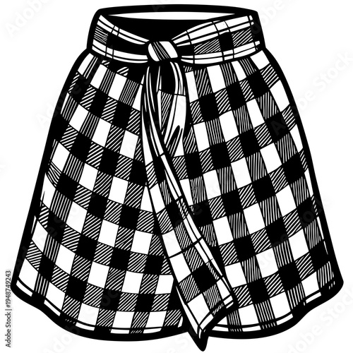 Black and white illustration of a checkered skirt with a tie waistband