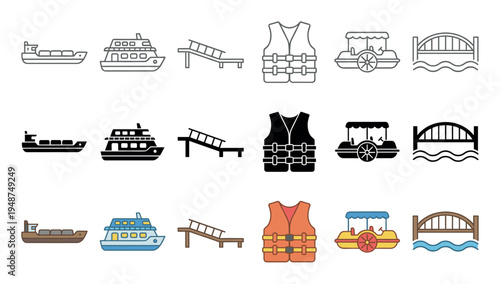 Comprehensive set of water transportation and safety icons presented in outline, solid, and colored styles.