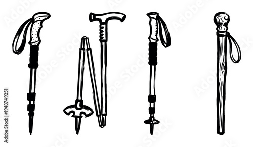 Various hand-drawn walking sticks and hiking poles are depicted in a black and white sketch style, showcasing different designs for outdoor activities.