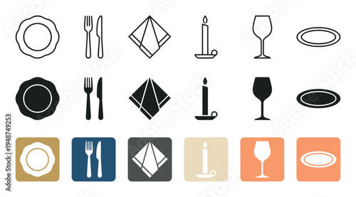 Set of dining and restaurant icons depicting various table settings and mealtime elements in multiple styles.