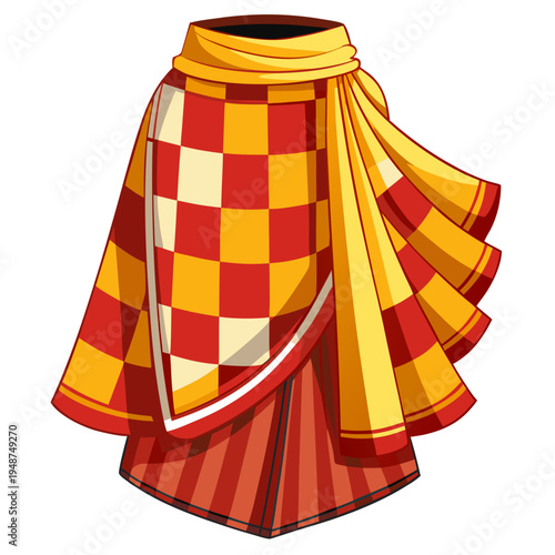 Vibrant red and yellow checkered skirt with striped layers