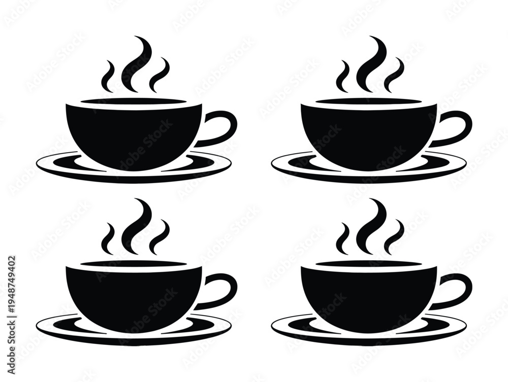 Obraz premium Four Black Silhouettes of Steaming Coffee Cups on Saucers