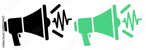 Bold graphic of two megaphones announcing sound waves, representing communication and alerts.