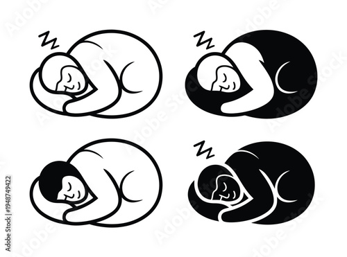Four stylized of people sleeping in a fetal position, two in black and white
