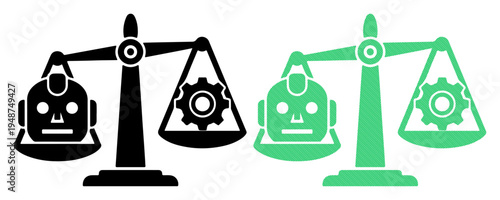 Robot head and gear balanced on scales, representing artificial intelligence versus mechanical engineering
