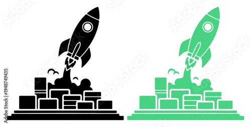 Rockets launch from city buildings, symbolizing startup growth and innovation.