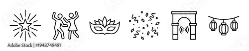 Collection of festive line icons featuring a starburst, dancing couple, masquerade mask, confetti, archway, and string lights for celebration events.