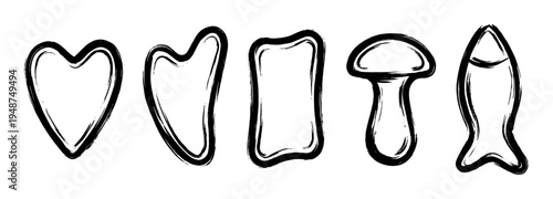 Gua sha tools set of five black outline brush stroke massage stones in various shapes for beauty and wellness practices.