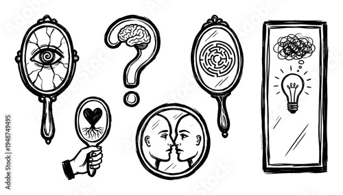 Collection of hand-drawn illustrations symbolizing self-reflection, identity, and complex psychological concepts.