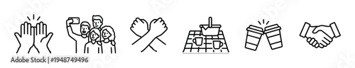 Social interaction icons set of line art illustrations depicting friendship, communication, and community activities like high fives, selfies, and handshakes.