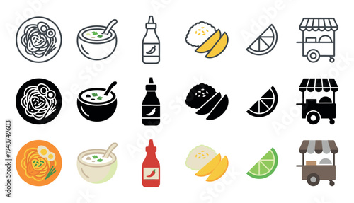Collection of colorful vector icons depicts various elements of Asian cuisine, including noodles, soup, chili sauce, mango sticky rice, and a street food cart.
