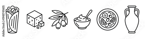 Set of simple black and white line art icons illustrating classic Greek and Mediterranean culinary delights and cultural symbols.