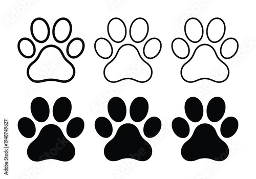 Six Paw Print Three Outline, Three Solid Black