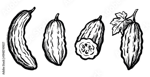 Hand-drawn black and white illustrations of bitter gourds showcasing their unique textured skin and various forms.