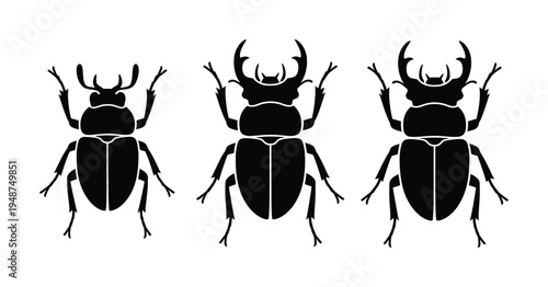Three Black Silhouette Stag Beetles on White Background