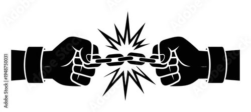 Two Fists Pulling Apart a Breaking Chain with Forceful Energy Burst
