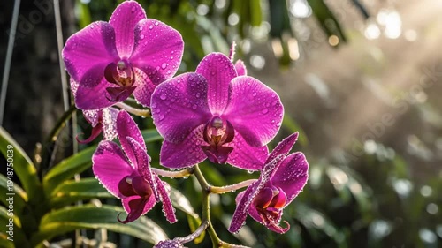 Close-up of vibrant purple orchids with water droplets, illuminated by bright sunlight and soft bokeh background