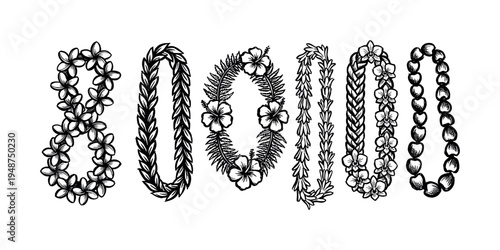 Various hand-drawn Hawaiian leis featuring different floral and leaf patterns are arranged in a decorative horizontal line.