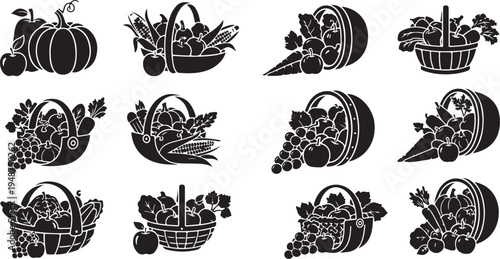 Black and white illustrations of harvest fruits and vegetables