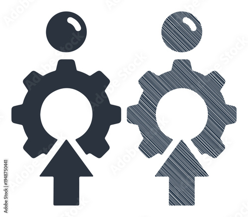 Two stylized figures representing individuals or processes engaged in collaborative work or advancement.