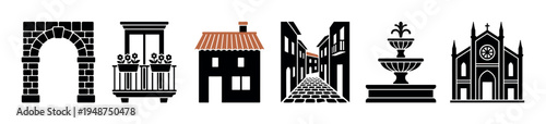 Collection of black silhouette icons representing various European architectural elements and structures.