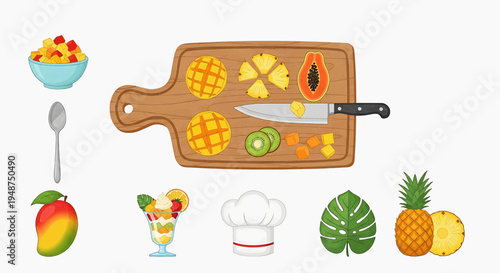 A chef prepares a colorful tropical fruit salad on a wooden cutting board
