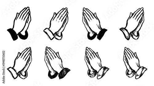 Hand-drawn praying hands illustrations depict a gesture of devotion, spirituality, and hope.