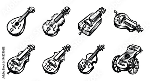 Set of hand-drawn vintage string instruments, including various hurdy-gurdies and violins, showcasing traditional musical craftsmanship with an antique aesthetic.