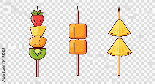 A colorful illustration of fruit and cheese skewers on wooden sticks