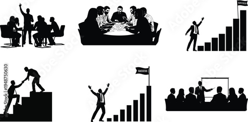 Business success and leadership silhouettes teamwork meeting presentation growth strategy goal achievement corporate people vector illustration collection