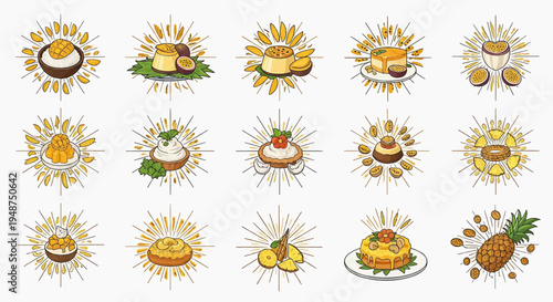 Illustration of various food items radiating sunburst lines on a plate