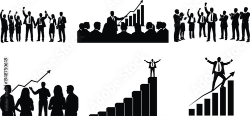 Business success teamwork silhouettes with leadership presentation growth chart achievement motivation corporate people strategy vector illustration collection