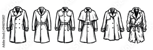 Collection of six hand-drawn trench coats showcasing various styles and designs of classic outerwear garments.