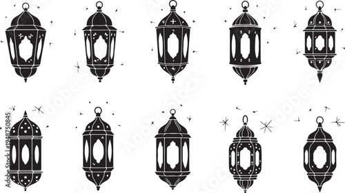 Black and white lanterns with stars on white background