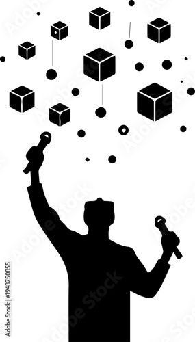 Silhouette of a Performer Holding Two Microphones with Floating Geometric 3D Cubes and Dots Vector Illustration
