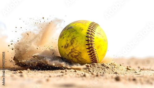 A close-up shot of a softball amidst a cloud of sand, appearing to be in motion against a clean, white backdrop