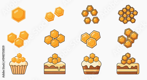 A digital illustration of assorted desserts topped with honeycombs and honey.
