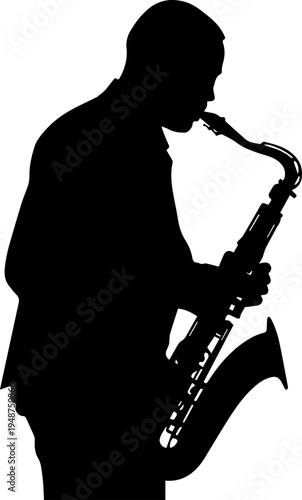 Black Silhouette of a Jazz Musician Playing the Saxophone Isolated on White Background
