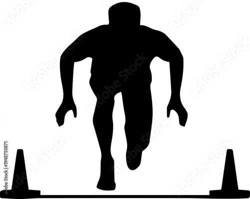 Black Silhouette of Male Athlete at Start Line with Cones Front View Vector Illustration
