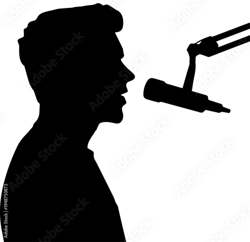 Silhouette of a Man Speaking into a Studio Microphone for Podcast or Radio Broadcast