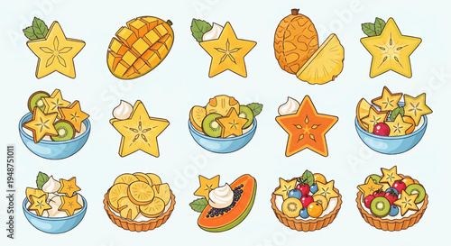 A colorful illustration of various star-shaped fruits and bowls of fruit salad on a table.