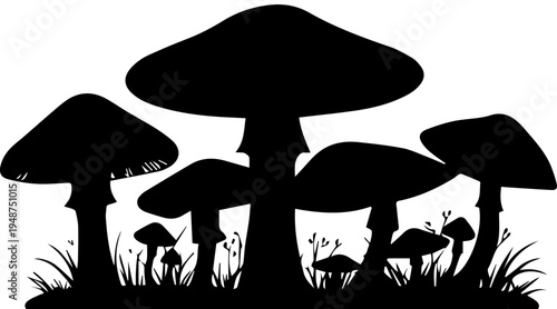 Black Silhouette of Wild Mushrooms and Fungi in Grass Patch Vector Illustration