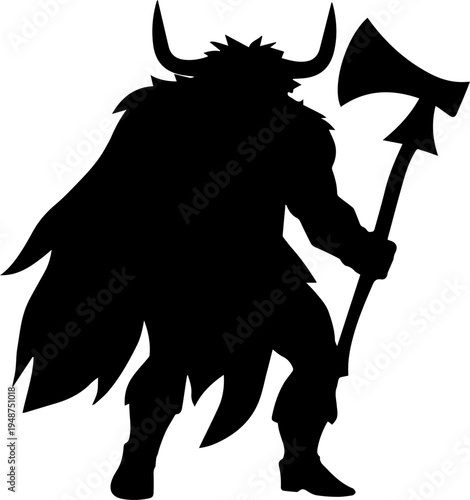 Obraz na plátne Black Silhouette of a Viking Warrior with Horned Helmet and Battle Axe Vector Il