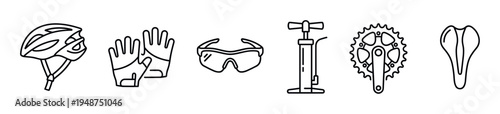 Essential cycling gear and bike components like a helmet, gloves, eyewear, pump, crankset, and seat in outline vector.