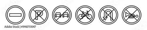 Set of outline prohibition road signs including no entry, no parking, no overtaking, no cycling, no U-turn, and no horn symbols.