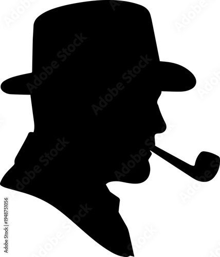 Black Silhouette Vector of a Man Wearing a Fedora Hat and Smoking a Pipe, Vintage Detective Style Profile Illustration