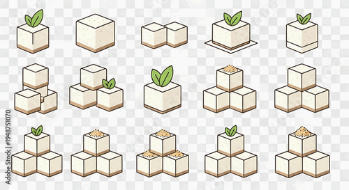 A collection of various stacked cube illustrations with some featuring green leaves on top.