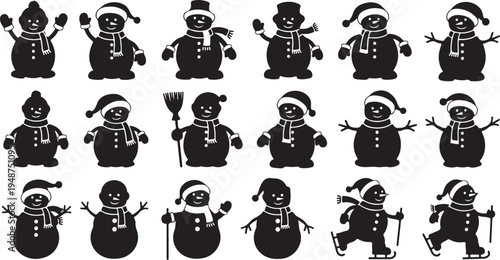 Collection of black snowman silhouettes in various winter poses